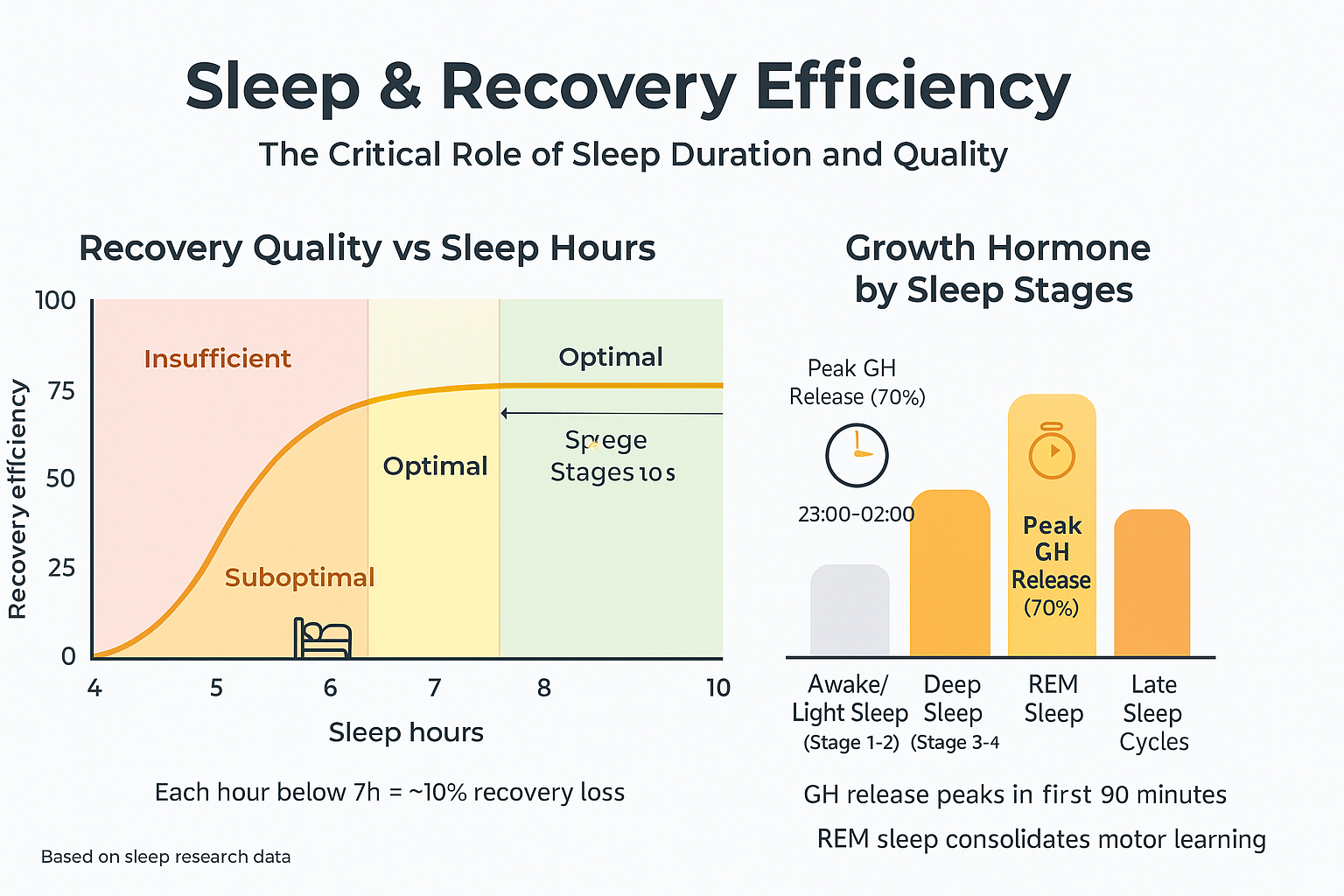 График зависимости качества восстановления от количества сна и выброс гормона роста по стадиям сна