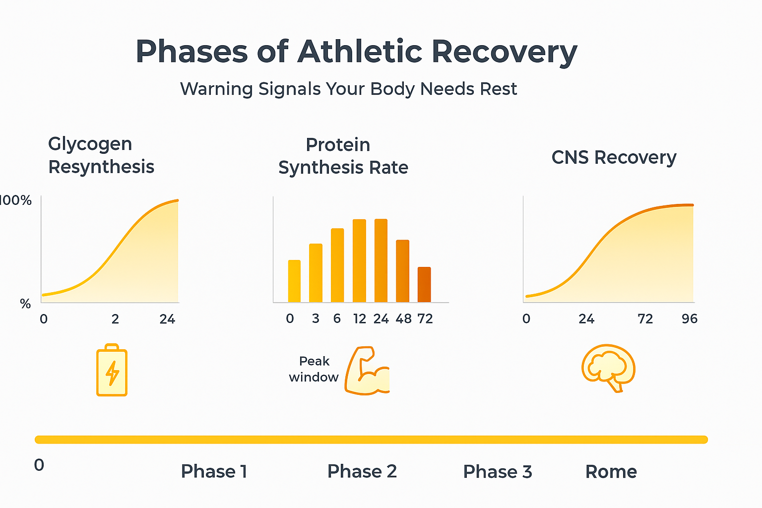 Схема трех фаз восстановления спортсмена: ресинтез гликогена, синтез белка и восстановление ЦНС на временной шкале 0-96 часов